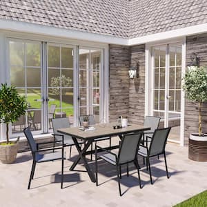 Bronze 7-of Piece Aluminum Rectangular Standard Height Outdoor Dining Set with Teslin Backrest and Plastic Wood Tabletop