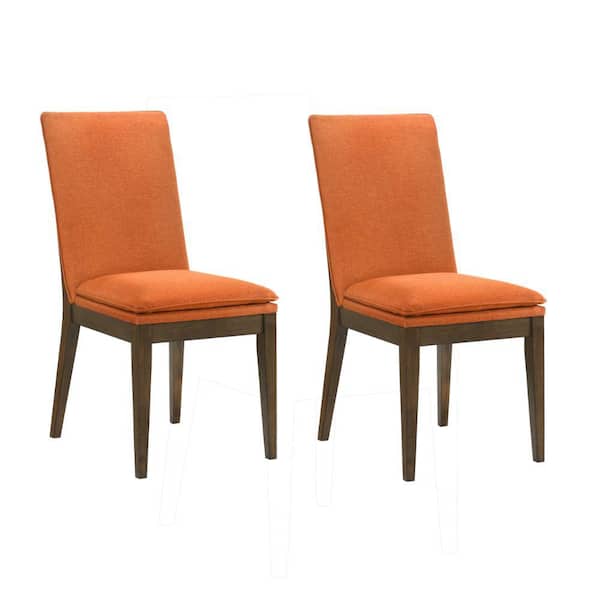 Benjara Orange and Walnut Brown Polyester Wooden Frame Dining Chairs (set of 2)