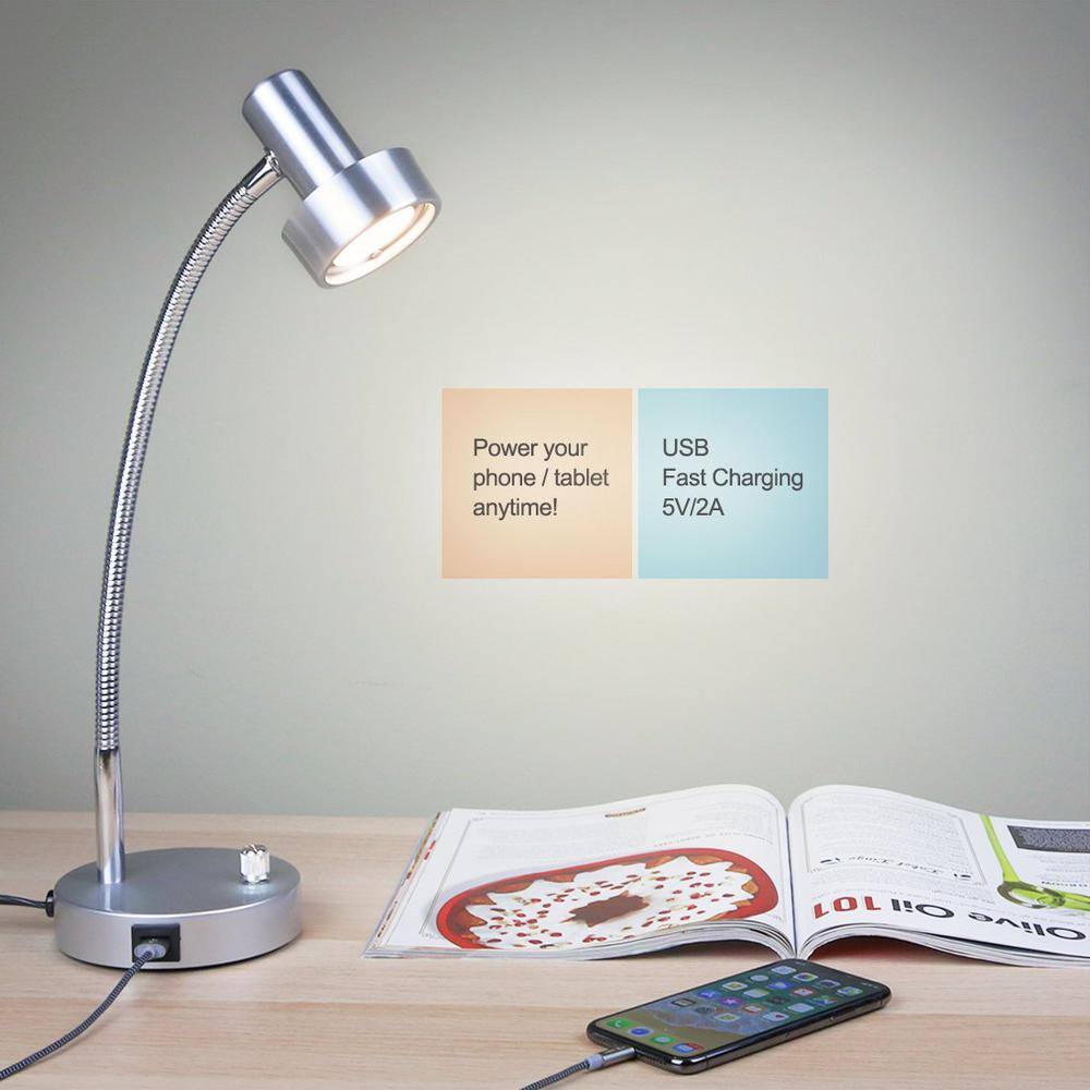 Silver Adjustable Aluminum LED Desk Lamp with USB Port