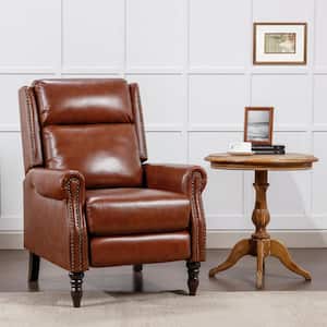 30 in. Red Brown Modern Genuine Leather Recliner Nailhead Trim Adjustable Push Back Recliner with Solid Wooden Legs