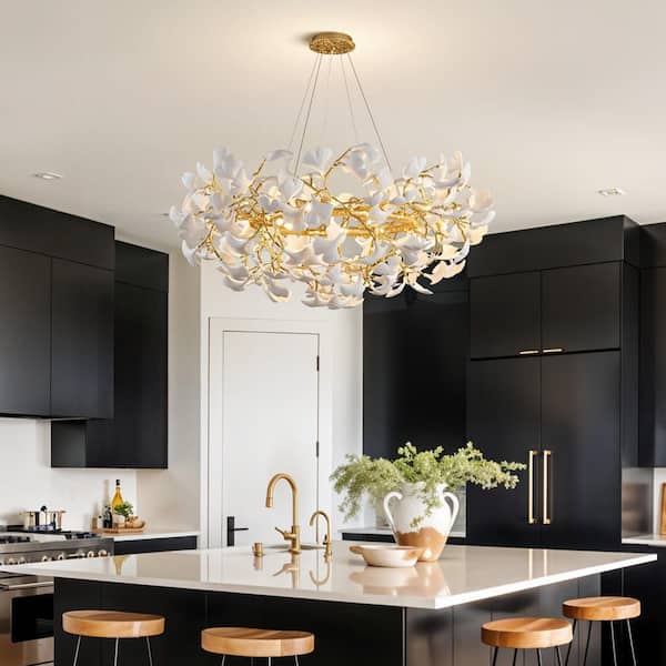 YUYI 47in. 16-Light Gold Chandelier, Luxury Ginkgo Branch
