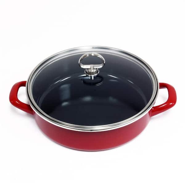 Chantal Enamel-On-Steel 3 qt. Carbon Steel Saute Pan in Chili Red with Glass Lid