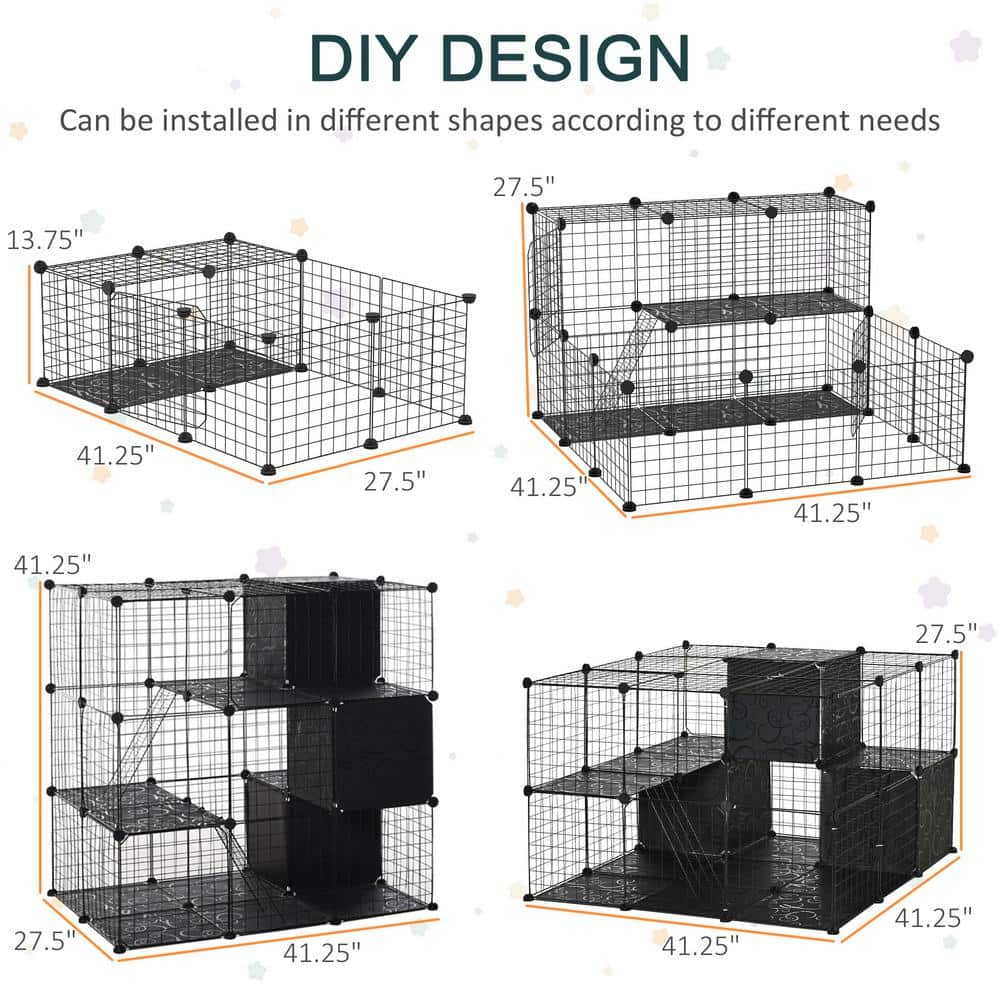 Black Metal Multi-Level Cat Playpen with Ramps and Storage