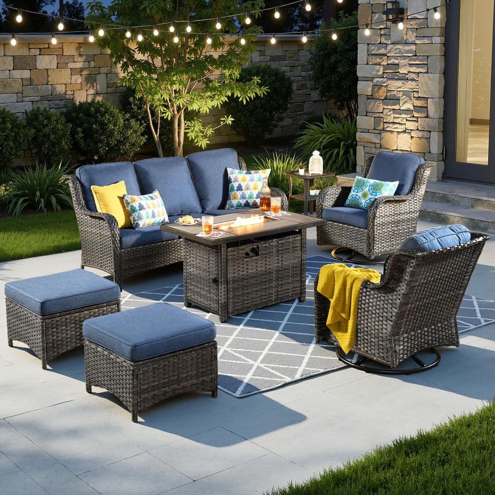 OVIOS Joyoung Gray 7-Piece Wicker Patio Rectangle Fire Pit