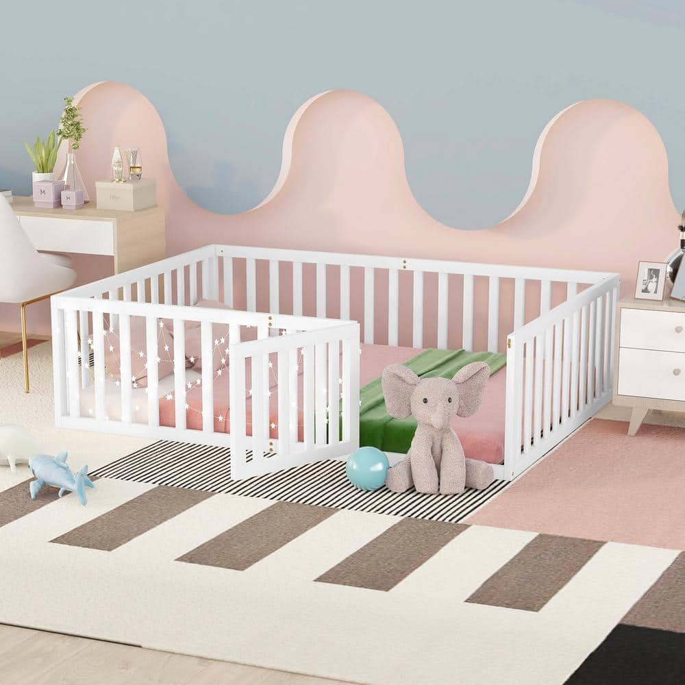 White Full Size Montessori Bed with Fence and Door, Toddler Floor Bed Frane Full Size, Floor Bed frame for Kids