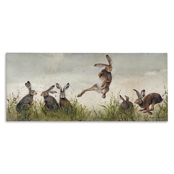 Jumping Hares in Wild by Maggie Vandewalle Unframed Graphic Art Print Animal 30 in. x 13 in.