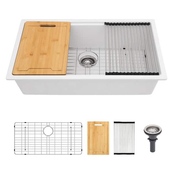 Quartz Composite 32 in. W Undermount Single Bowl Workstation Kitchen Sink in White