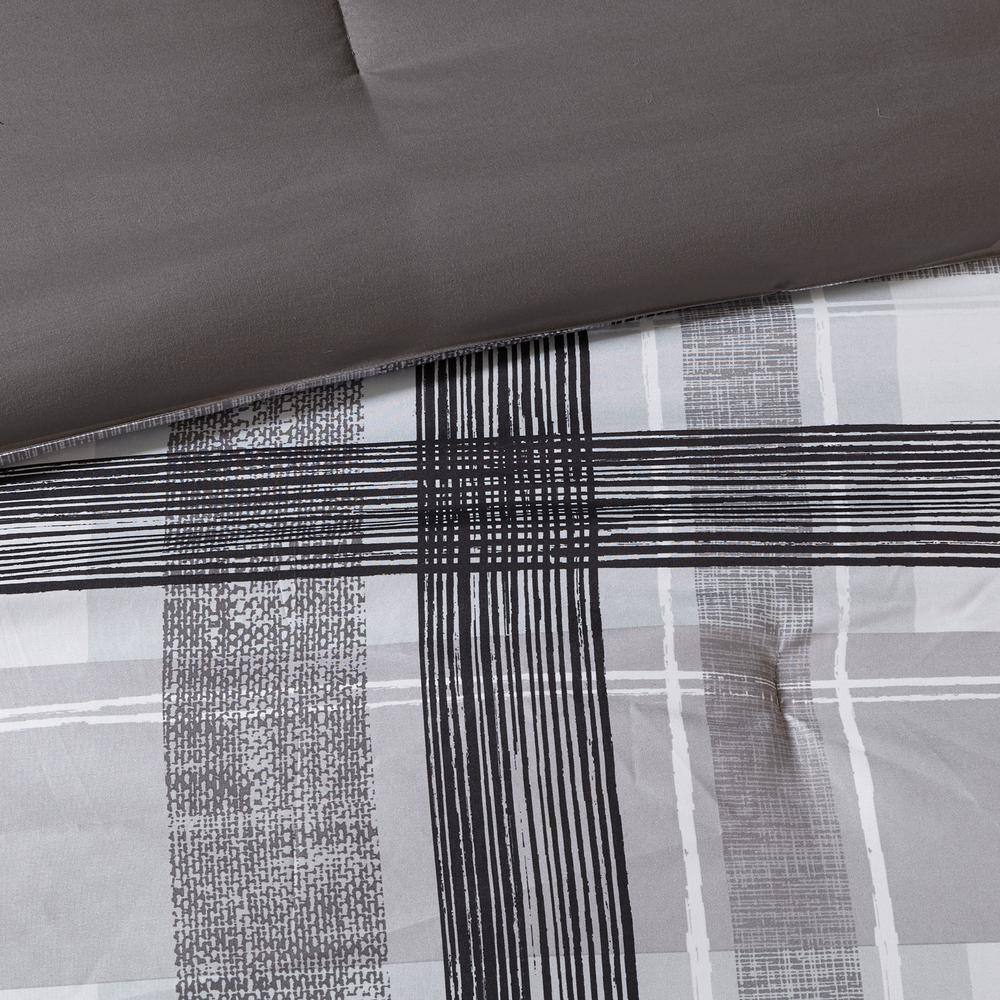 Full Gray Microfiber Reversible Plaid Comforter Set