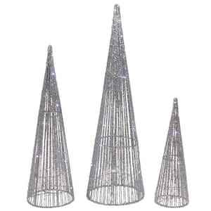 23.5 in. LED Lighted Silver Glitter Cone Tree Outdoor Christmas Decorations (Set of 3)