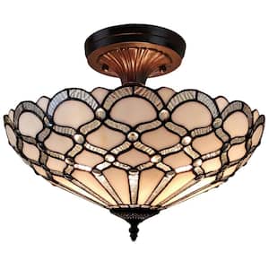 2-Light Tiffany Style White Ceiling Lamp with Glass Shade