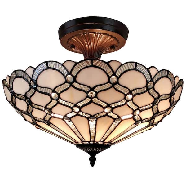 Amora Lighting 2-Light Tiffany Style White Ceiling Lamp with Glass Shade