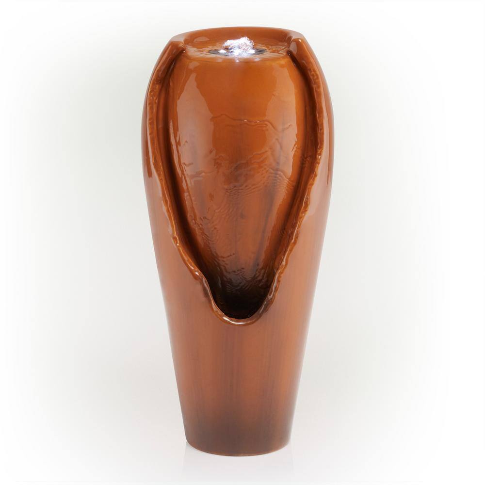 12 in. Tall Indoor Ceramic Jar Tabletop Fountain with LED Lights, Brown
