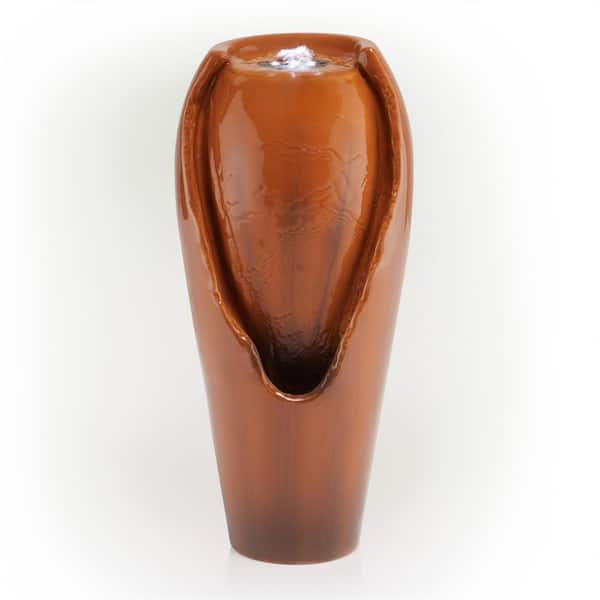 Alpine Corporation 12 in. Tall Indoor Ceramic Jar Tabletop Fountain with LED Lights, Brown