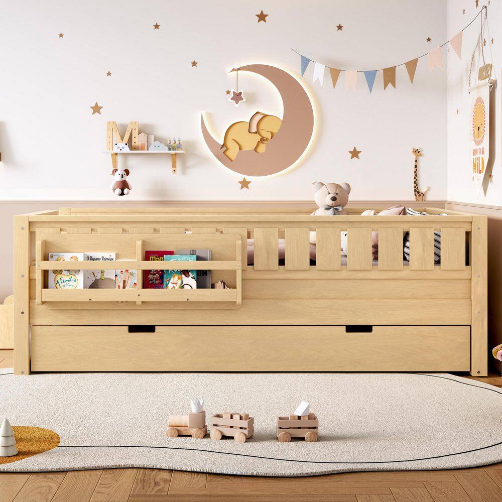 Light Natural Twin Size Kids Bed with Built-in Bookshelves and Small Staircase