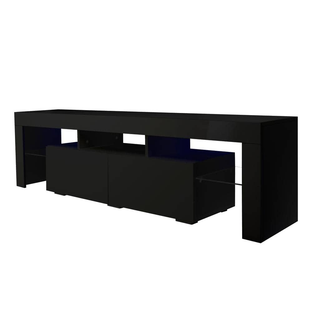 63 in. MDF Black TV Stand with 2 Storage Drawers and LED Lights with 2 Stor