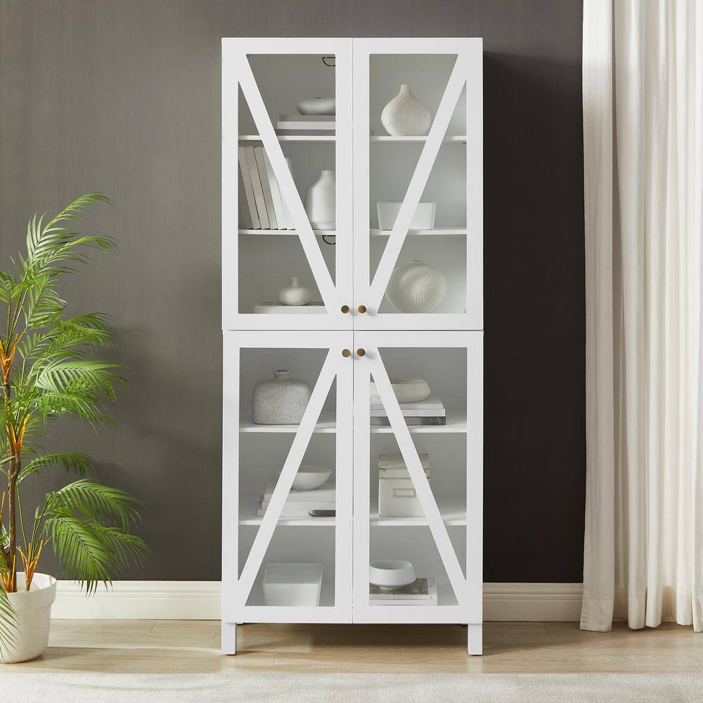 White Tall Cabinet with Adjustable Shelving and Glass Doors
