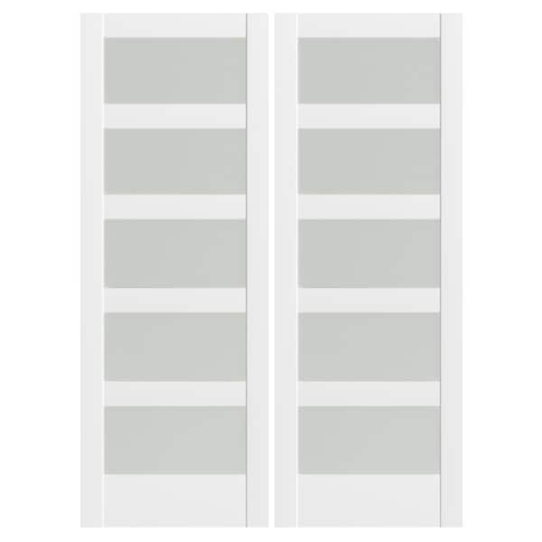 TENONER 56 in. x 80 in. 5-Panel Frosted Glass, Can Be Painted, White MDF Wood Unfinished Pocket Door Frame without Hardware