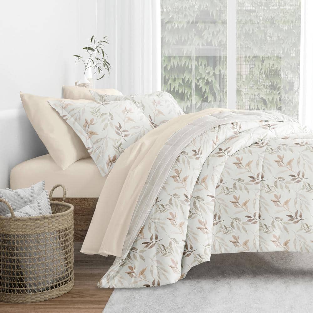 Ivory Floral Queen Microfiber Reversible Bedding Set