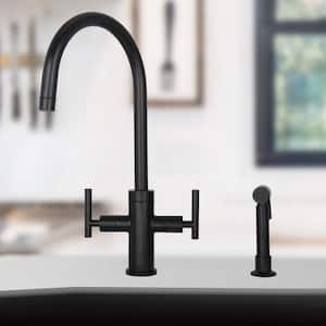 2-Handles Standard Kitchen Faucet with Side Spray in Matte Black
