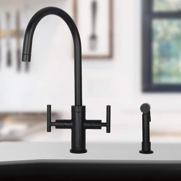 2-Handles Standard Kitchen Faucet with Side Spray in Matte Black