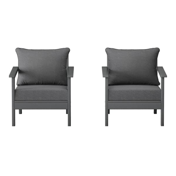 Birchwood Gray Outdoor Patio (Set of 2) Deep Seating HDPE Lounge Chairs w/ Gray Cushions