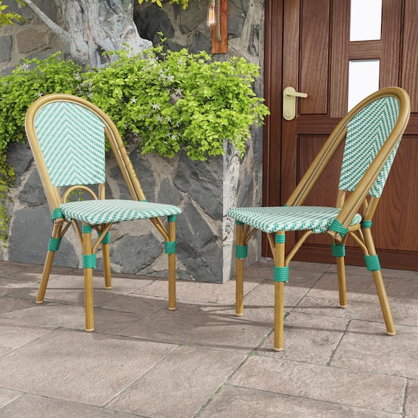 JOYSIDE Outdoor French Wicker Aluminum Patio Armless Dining Chair in White and Light Green (2-Pack)