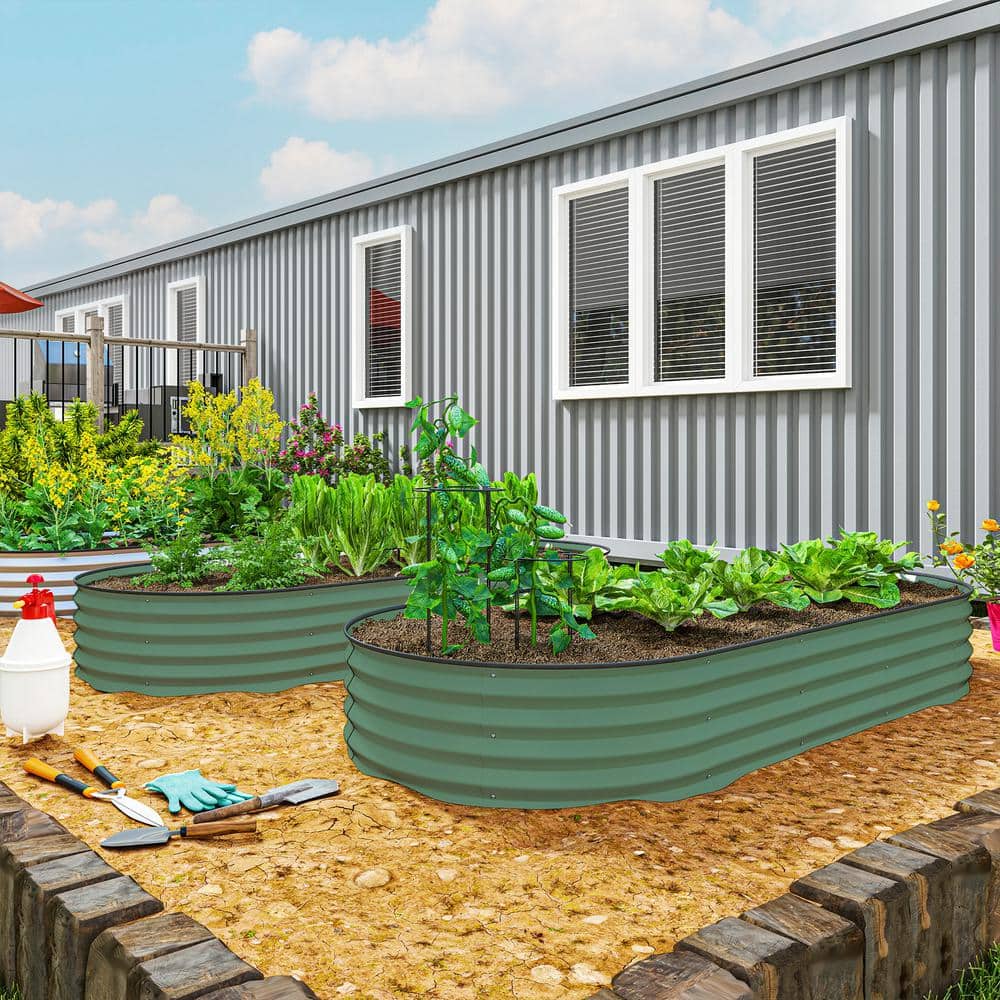 Green Galvanized Steel Raised Garden Bed Set with Metal Plant Stakes