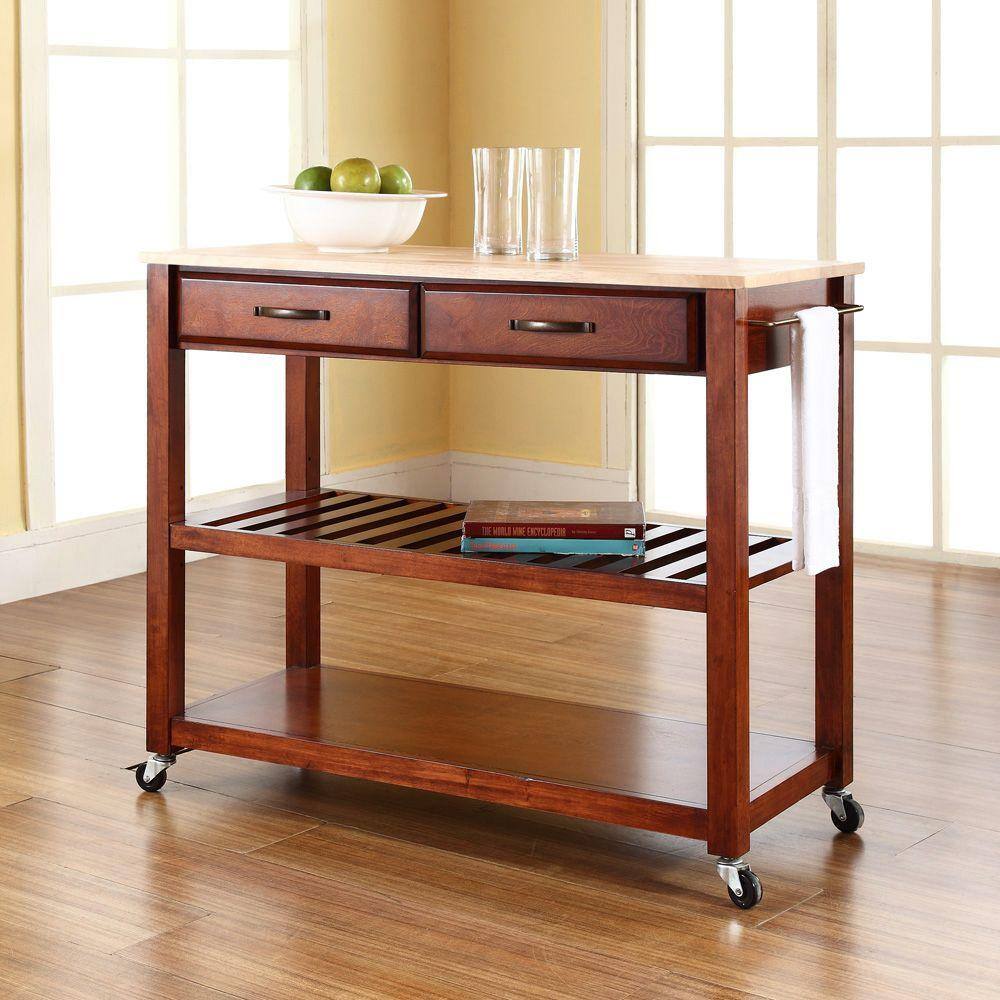 Natural Wood Top Mobile Kitchen Cart with Storage and Wine Rack