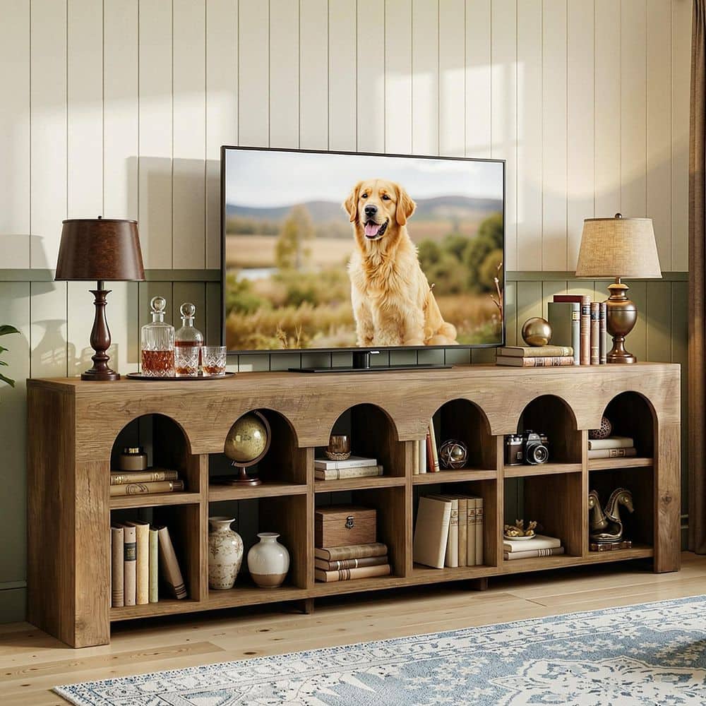 Ezlynn Brown TV Stand Fits TVs up to 55 to 70 in. TV, Farmhouse Console Table with 2-Tier Arched Cubbies Storage Shelf price history on PriceWatchPro