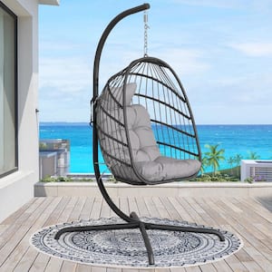 Foldable 350 lbs. 1 Person Gray Wicker Porch Swing Egg Chair with Charcoal Stand and Gray Custions