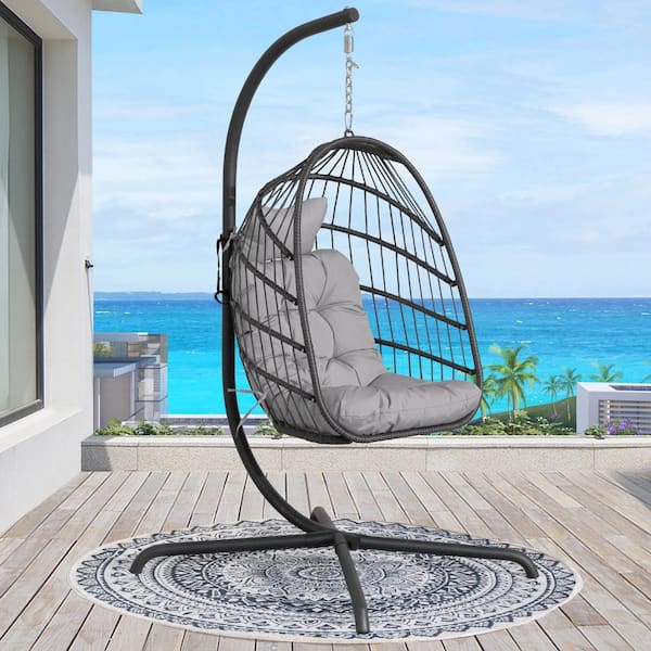 NICESOUL Foldable 350 lbs. 1 Person Gray Wicker Porch Swing Egg Chair with Charcoal Stand and Gray Custions