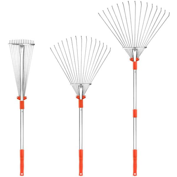 63 in. Adjustable Metal Garden Leaf Rake, Expandable Folding Leaves Brush for Lawn Yard, Flowers Beds, Orange