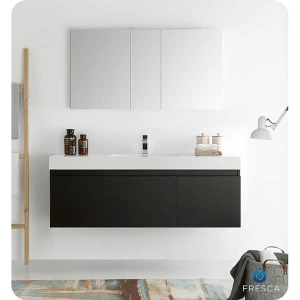 Mezzo 60 in. Modern Wall Hung Bath Vanity Cabinet Only in Black