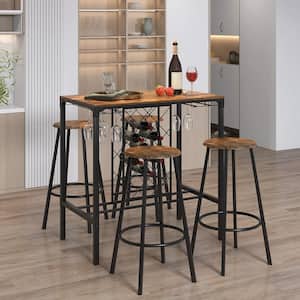 5PCS Bar Table and Stools Set Industrial Bistro Set with Wine Rack and Glass Holder