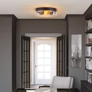 Luxton 11 in. 2-Light Oil Rubbed Bronze Farmhouse Industrial Dome Dimmable Flush Mount with Clear Bubble Glass Shade
