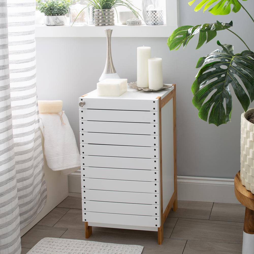 Modern Bamboo and White Floor Cabinet with Slatted Accent