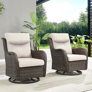 Crescent Moon Swivel Wicker Outdoor Rocking Chair with CushionGuard Beige Cushions (Set 2-Pack)