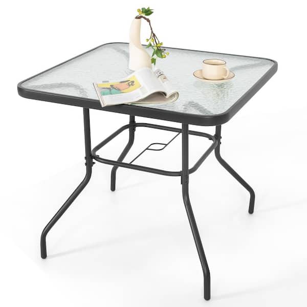 Black Square Metal Outdoor Dining Table with Umbrella Hole and Tempered Glass Tabletop