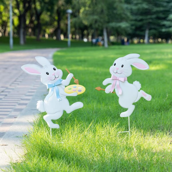 Glitzhome 24 in. H Easter Metal Bunny Painter Yard Stake (KD) (Set
