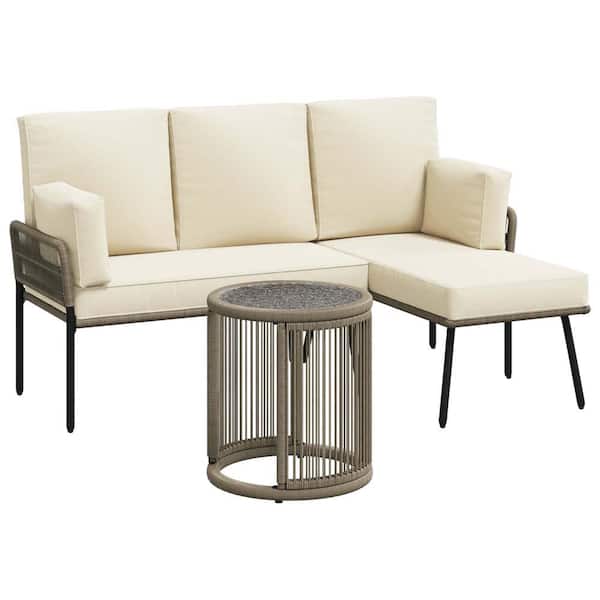 Zeus & Ruta 2-Piece L-Shaped Wicker Patio Conversation Set with Beige Cushions for Indoor, Balcony, Outdoor Garden, Poolside