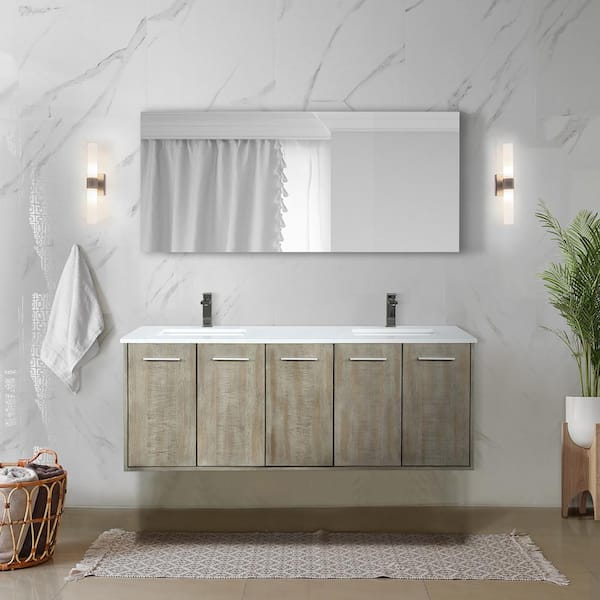 Lexora Fairbanks 60 in W x 20 in D Rustic Acacia Double Bath Vanity, White Quartz Top and Gun Metal Faucet Set