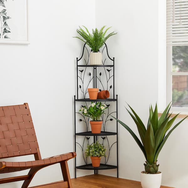 Glitzhome 52 in.H 4-Tier Black Metal Corner Shelf Plant Stand or Storage Rack Kits and Accessories