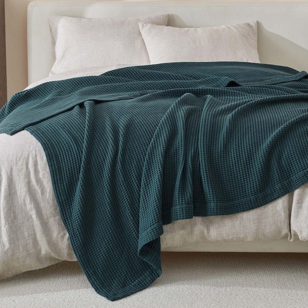 Peacock 100% Cotton Blue Waffle Weave Twin Blanket