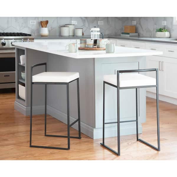 LumiSource Fuji 27.75 in. White Velvet and Black Metal Stackable Counter Stool (Set of 3)