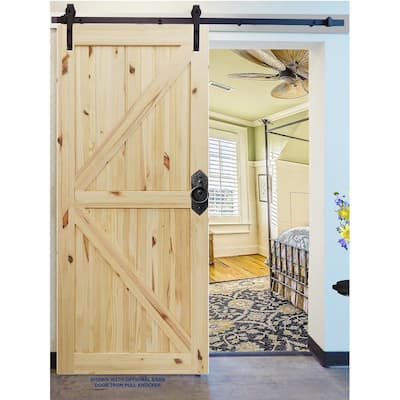 42 in. x 84 in. Rustic Unfinished 2-Panel V-Groove Pine Wood Interior Barn Door with Oil Rubbed Bronze Hardware Kit