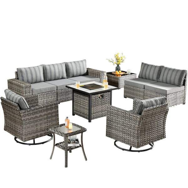 Lanora Gray 10-Piece PE Rattan Wicker Outdoor Patio Conversation Set with Dark Gray Striped Cushion & Square Fire Pit
