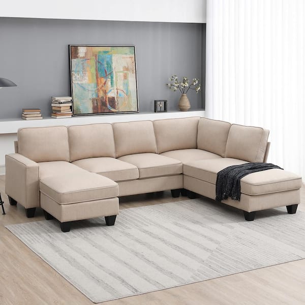 104 inch Upholstered 4-Seater Sofa Couch with 4 Pillows, Modern Linen Fabric Sofa with Armrest Pockets,Minimalist Style Couch for Living Room