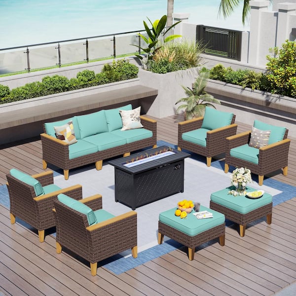 PHI VILLA Brown Rattan Wicker 9 Seat 10-Piece Steel Outdoor Patio Conversation Set with Blue Cushions, Rectangular Fire Pit Table