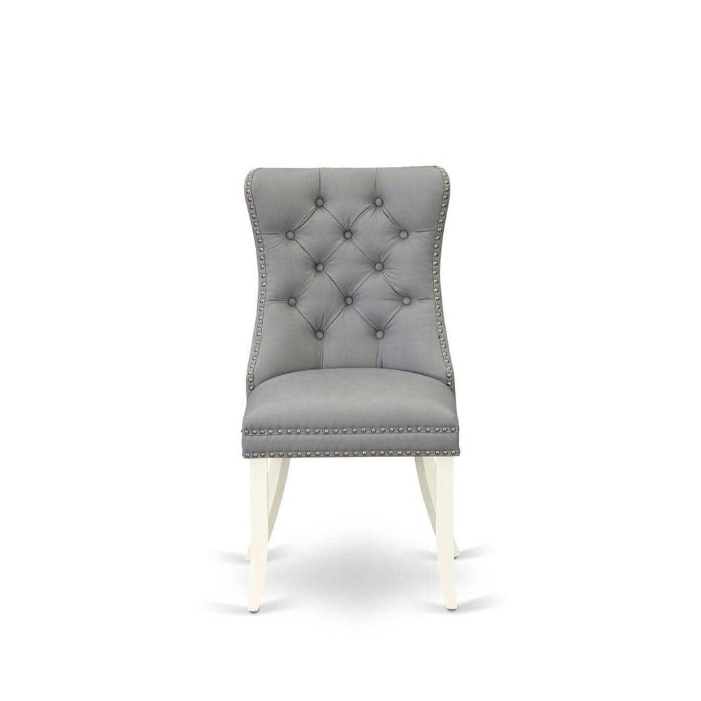 Linen White Round Pedestal Dining Table with 4 Gray Upholstered Parson Chairs