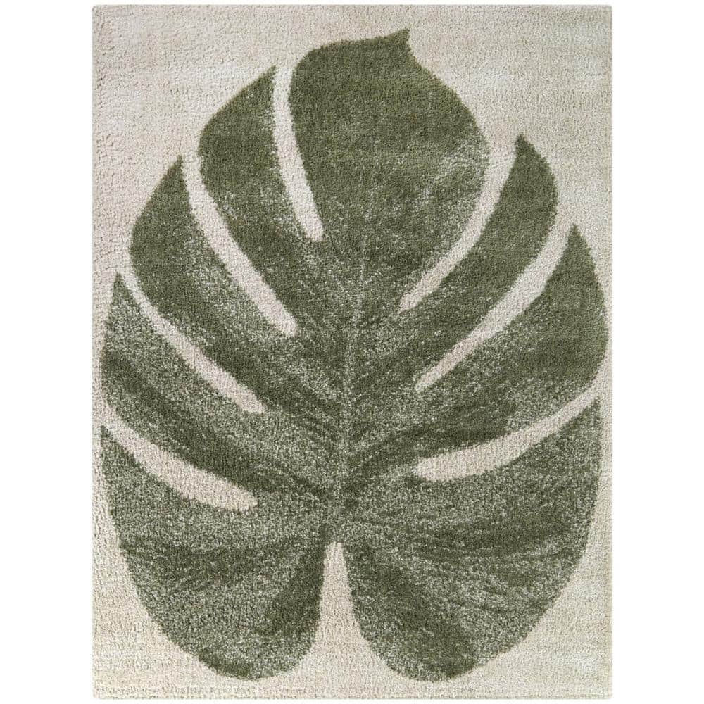 Green and Beige Synthetic Rectangular Kids Rug